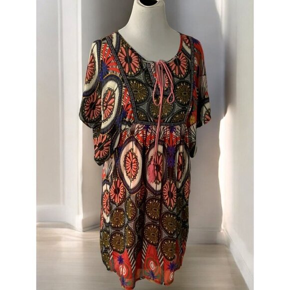Ya Los Angeles Womens Multicolor Boho Geometric Kaftan Keyhole Mini Dress Medium - Picture 6 of 12